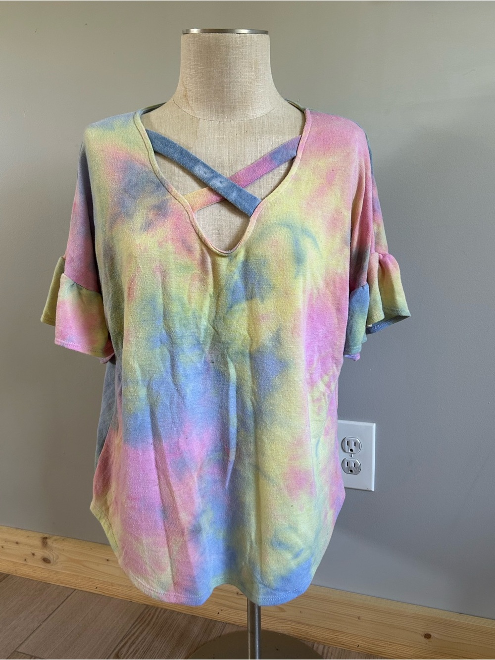 7th Ray Pastel Tie-Dye Crisscross V-Neck Short Sleeve Top